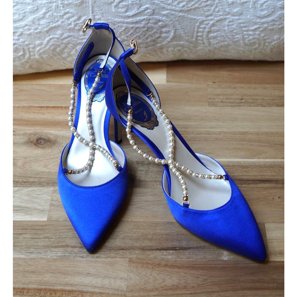 Rene Caovilla Dress Pointed Toe Stiletto Heels Chain Ankle Strap Blue Size 38.5
